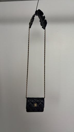Chanel Black Leather Ruffle Shoulder Crossbody Card Case