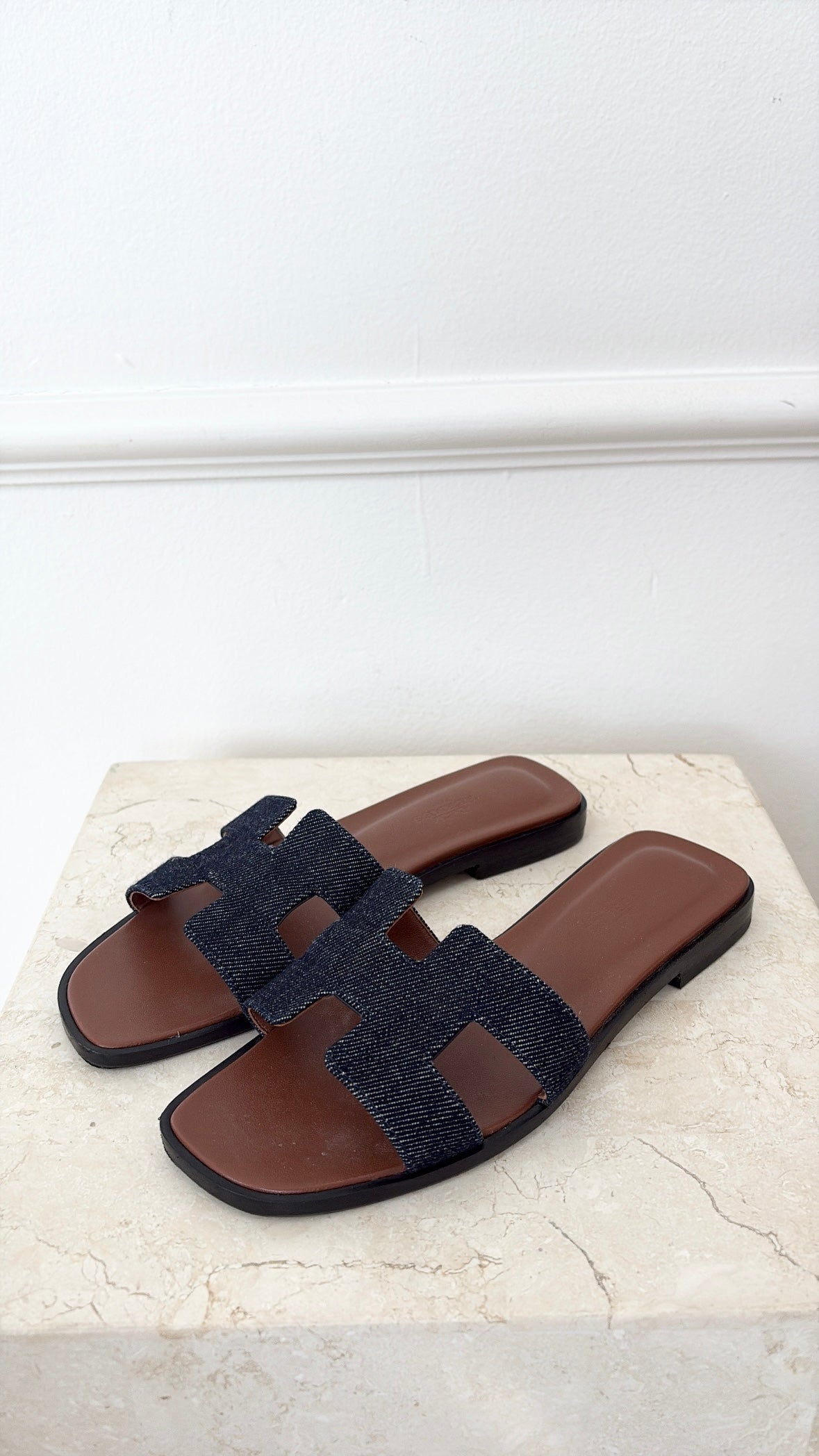 Hermès Indigo Denim Oran Slides, 36
