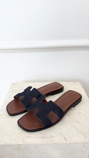 Hermès Indigo Denim Oran Slides, 36