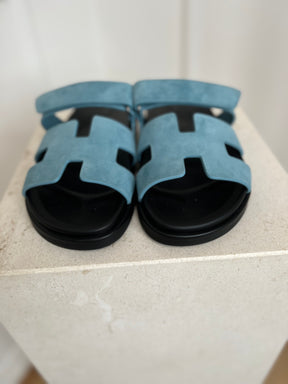 Hermès Blue Suede Chypre Sandals, 41