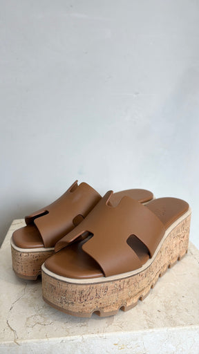 Hermès Tan Leather Eze Wedged Mules, 36