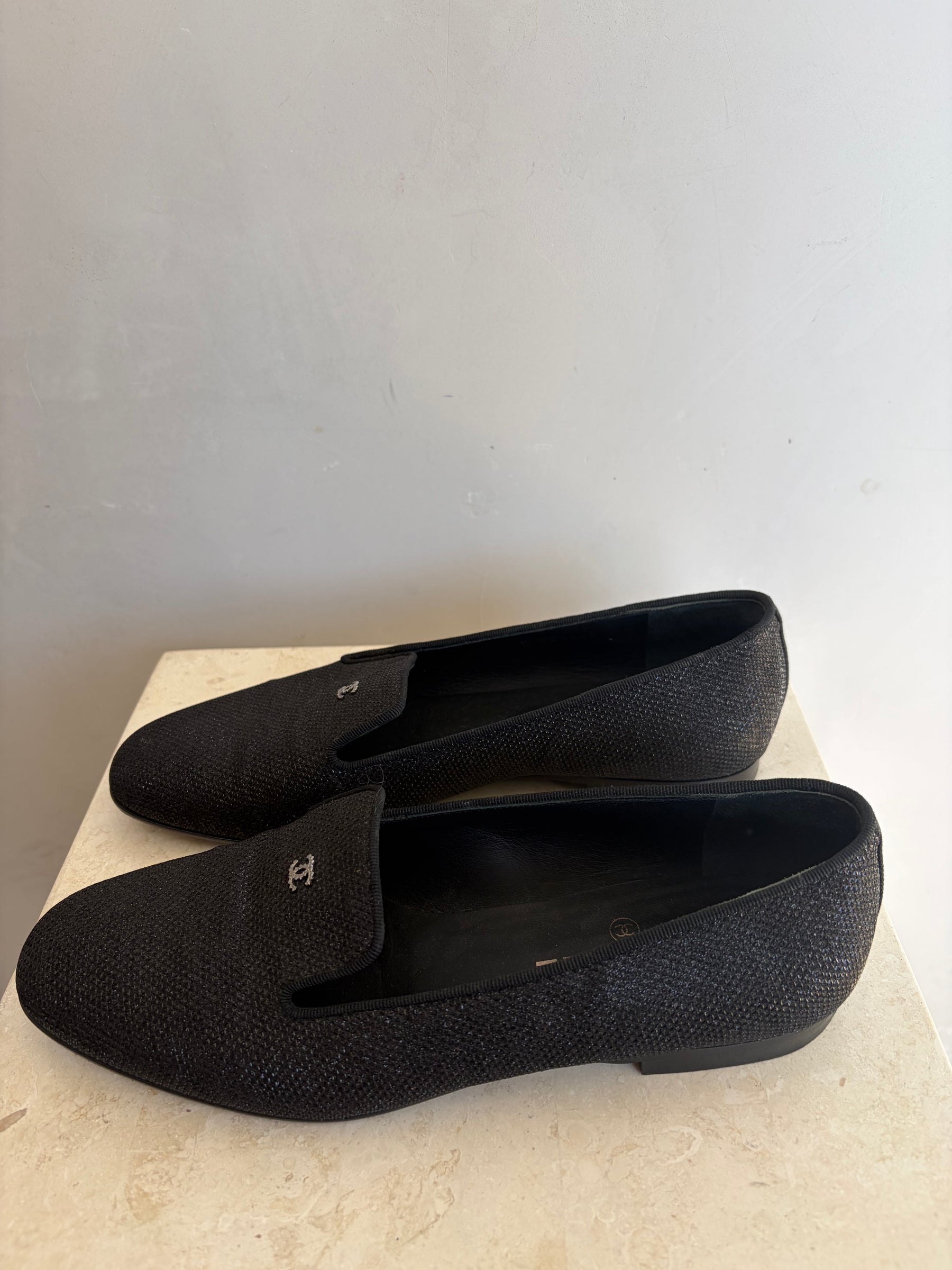 Chanel Black Lurex Fabric Loafer, 39C