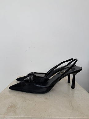Prada Black Leather Mesh Pointed Logo Pumps, 38.5