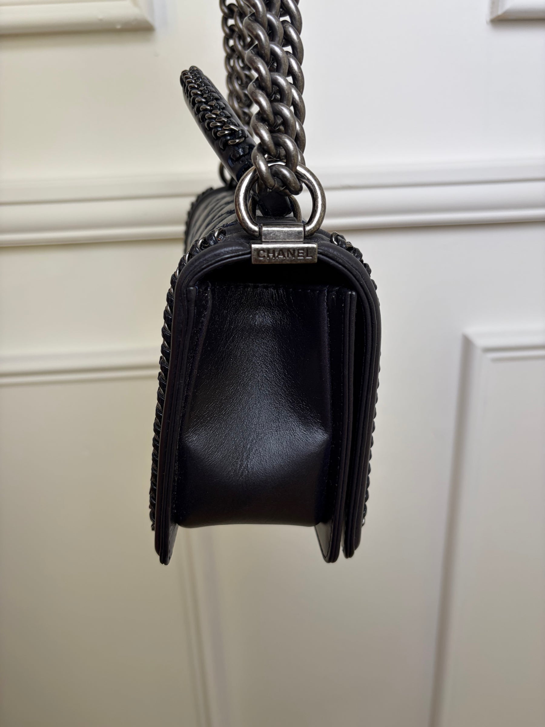 Chanel Navy Glossed Quilted Leather with Top Handle Old Medium Boy Bag