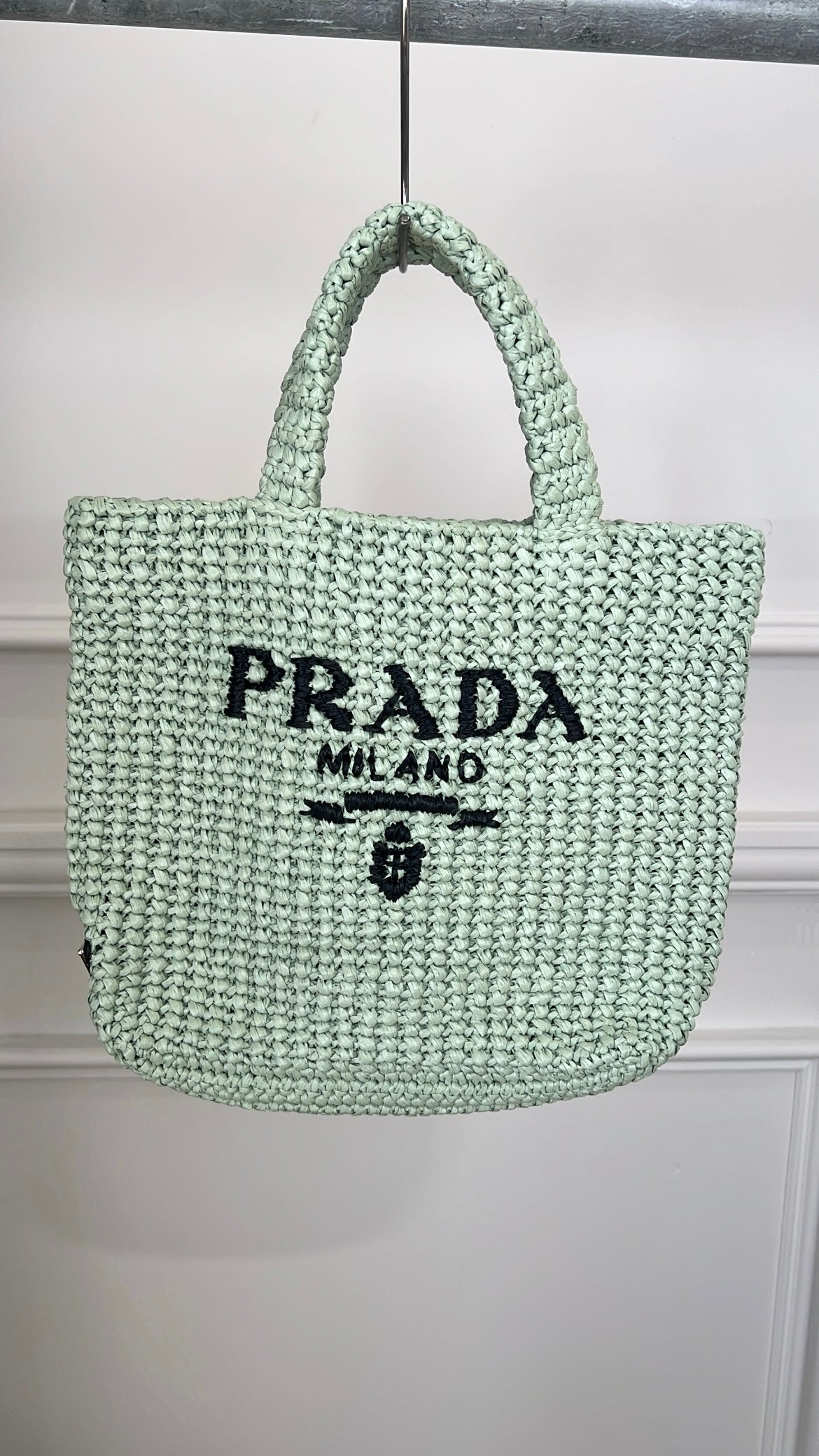 Prada Sage and Black Small Raffia Logo Tote