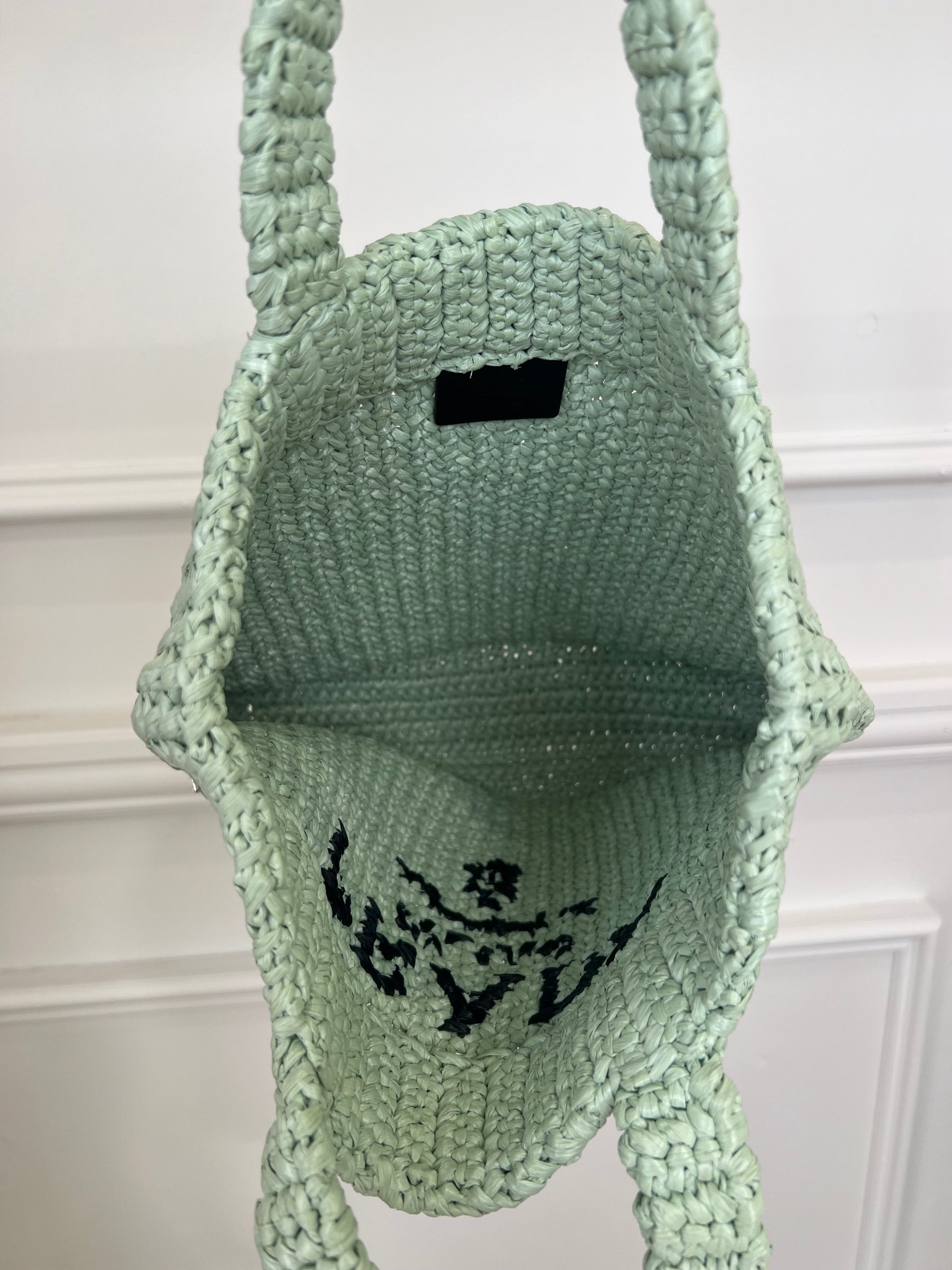 Prada Sage and Black Small Raffia Logo Tote