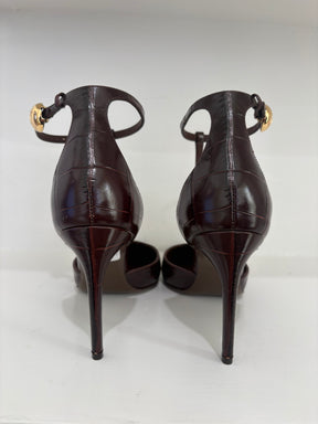 Ferragamo Brown Croc Embossed Pointed T Bar Heeled Sandal, 10.5