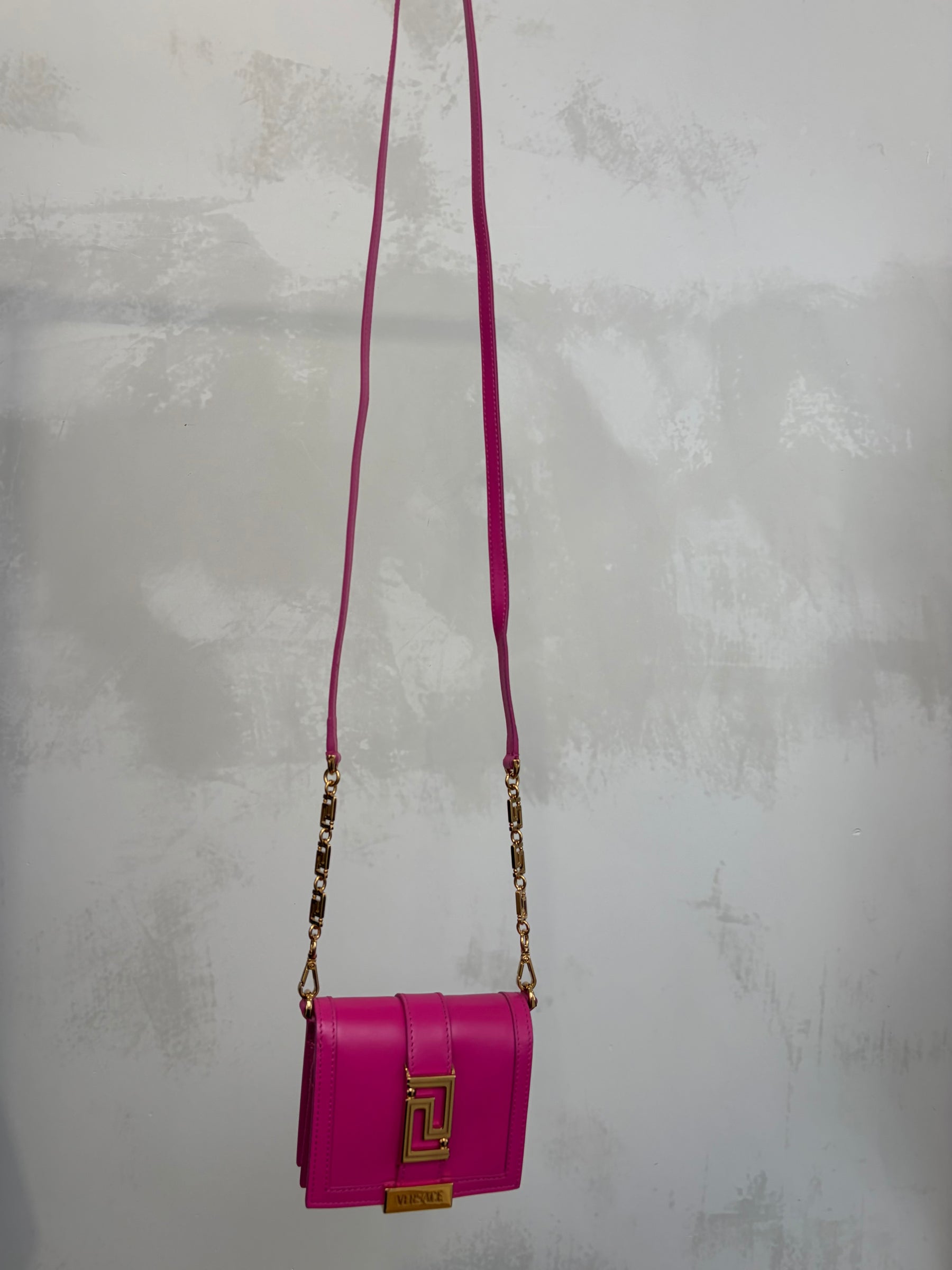 Versace Pink Leather Greca Goddess Chain Mini Wallet