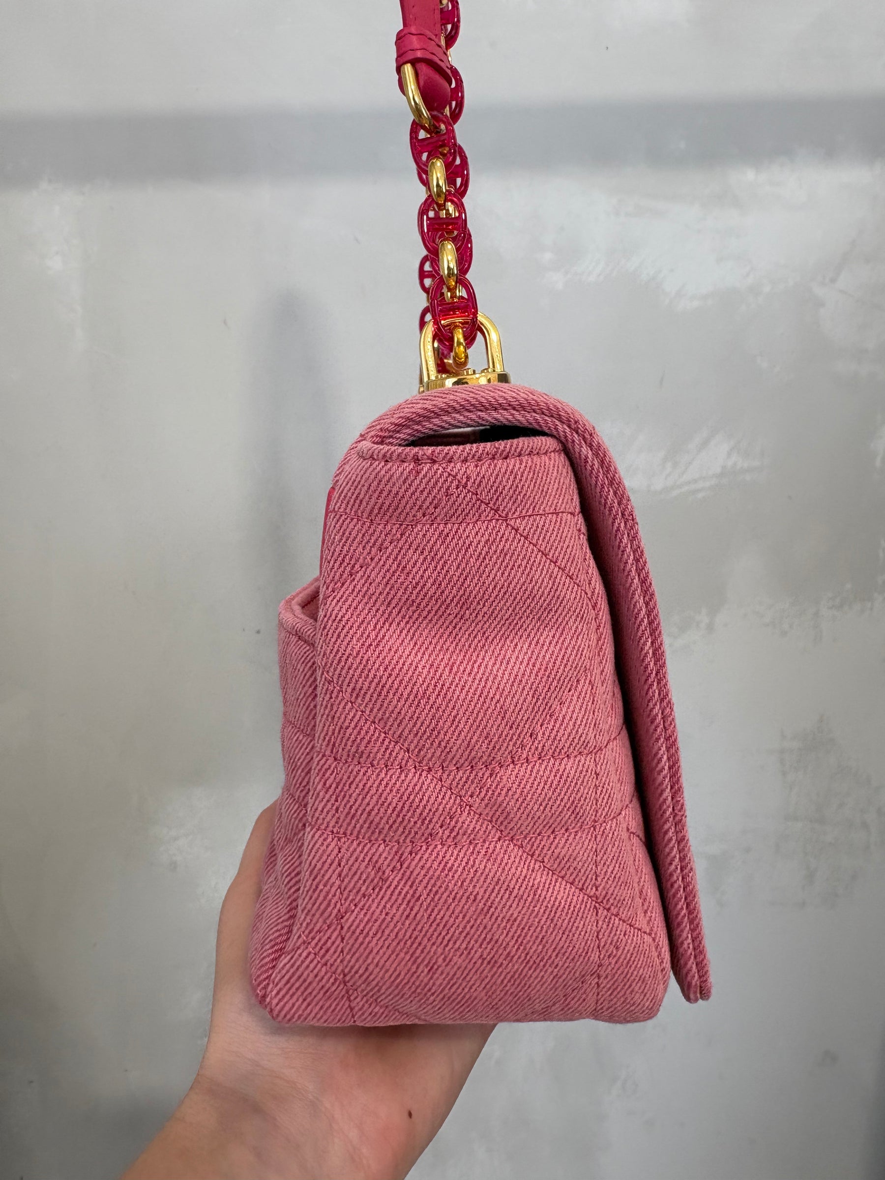 Dior Pink Denim Macrocannage Medium Caro Bag