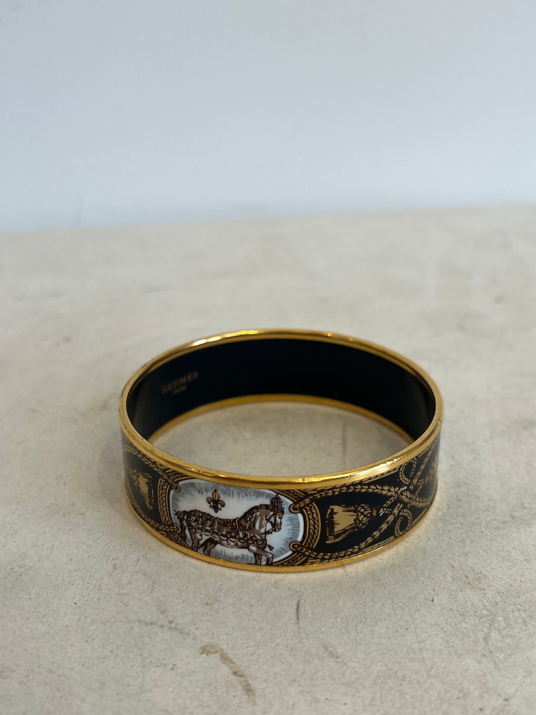 Hermès Gold Tone and Black Enamel Thick Bangle