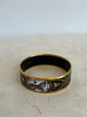Hermès Gold Tone and Black Enamel Thick Bangle