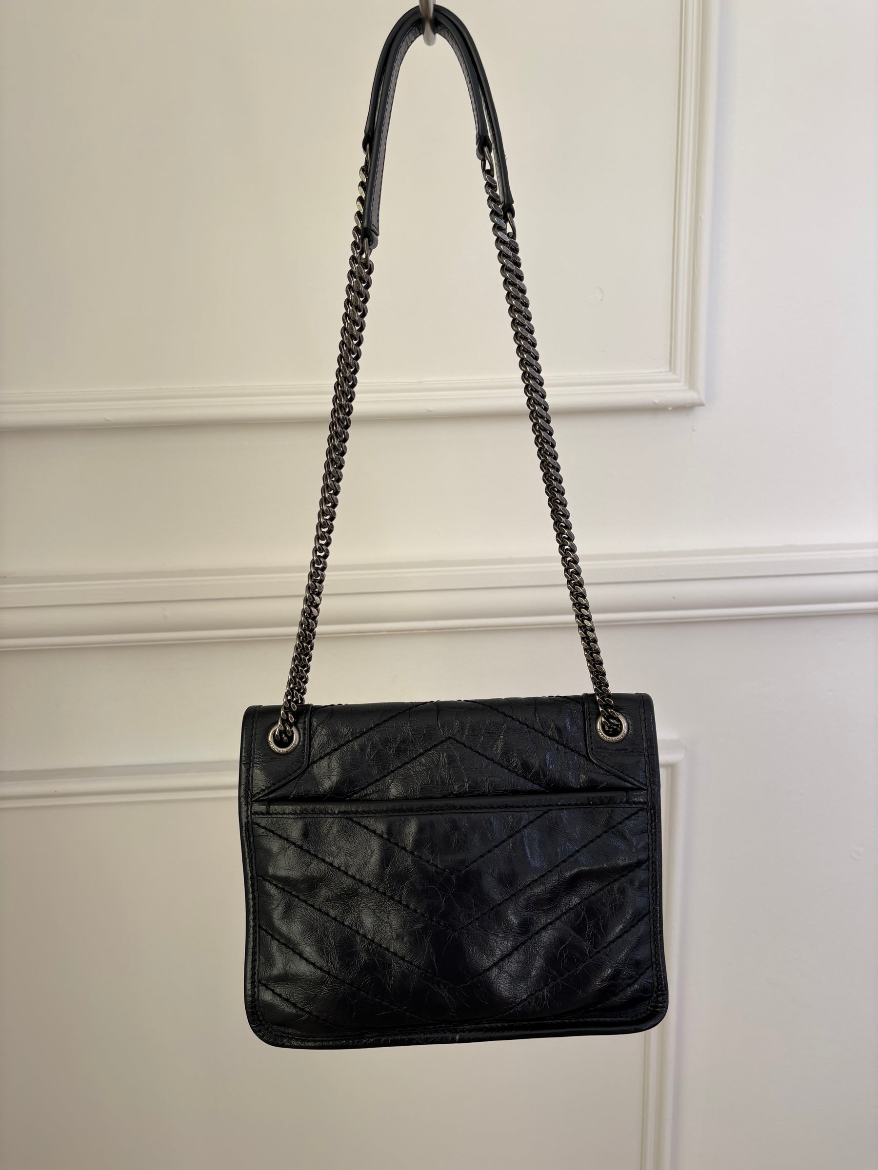 Saint Laurent Navy Crinkled Leather Baby Niki Bag