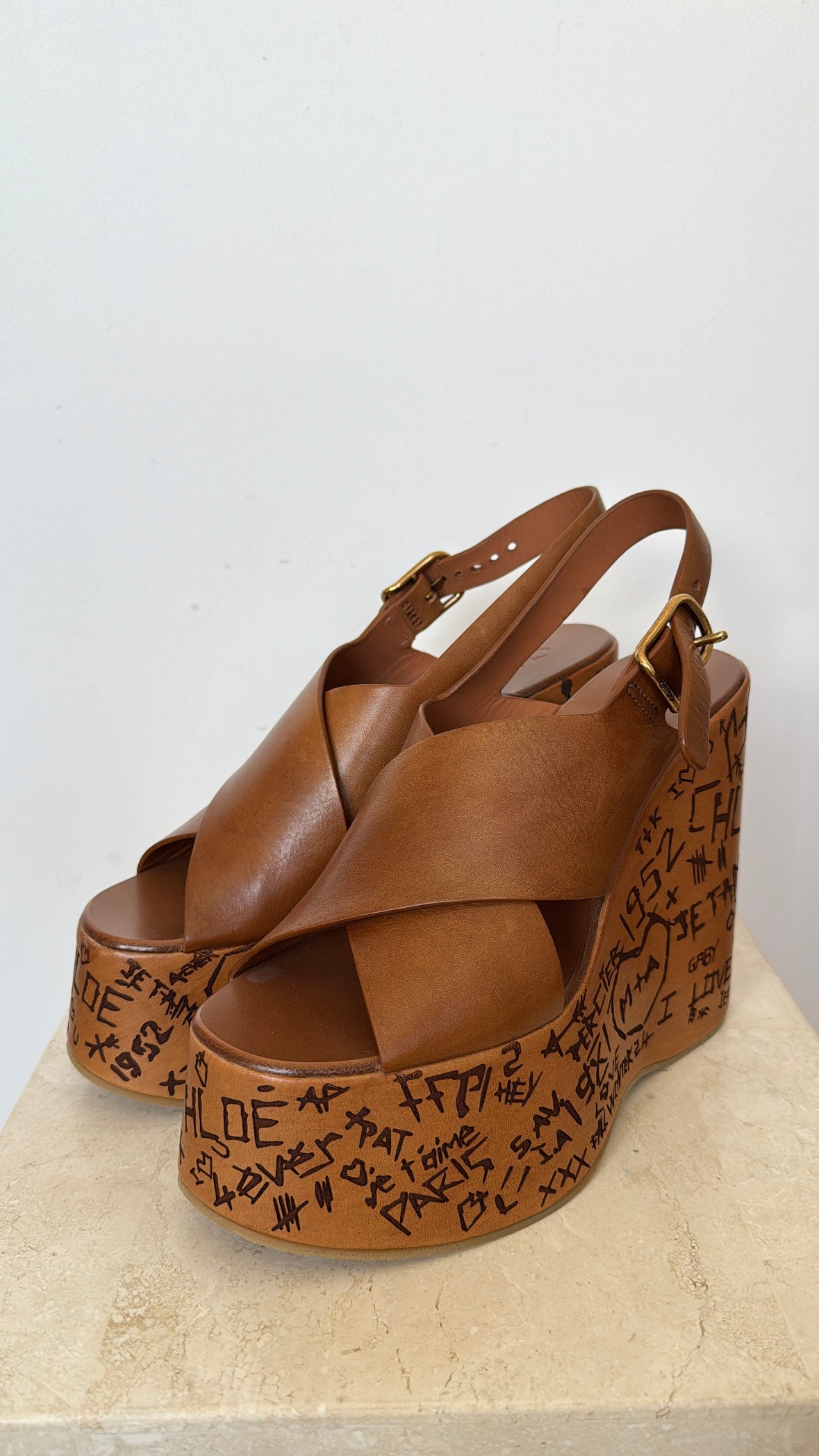 Chloé Tan Leather Maxime Platform Wedges, 38