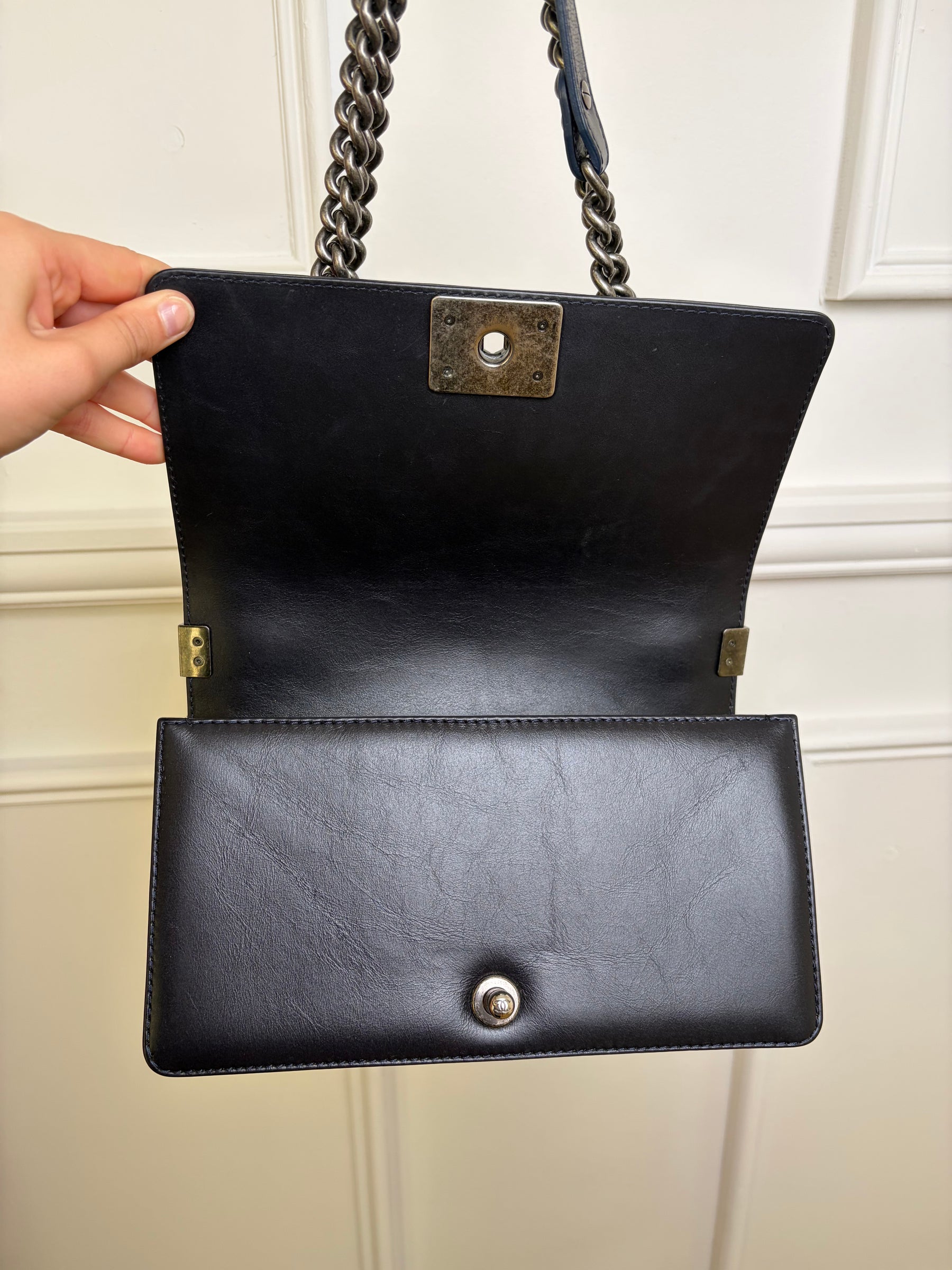 Chanel Navy Glossed Quilted Leather with Top Handle Old Medium Boy Bag