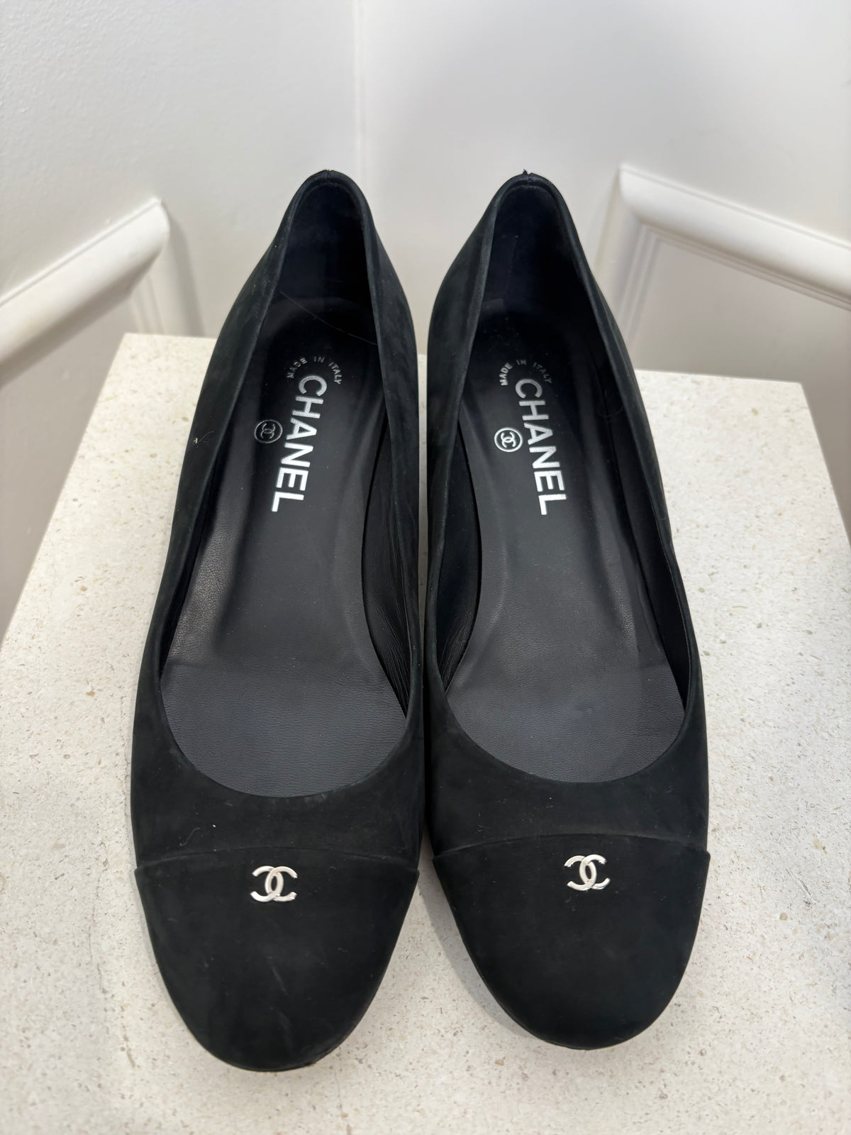 Chanel Black Suede Cap Toe Pumps, 39.5