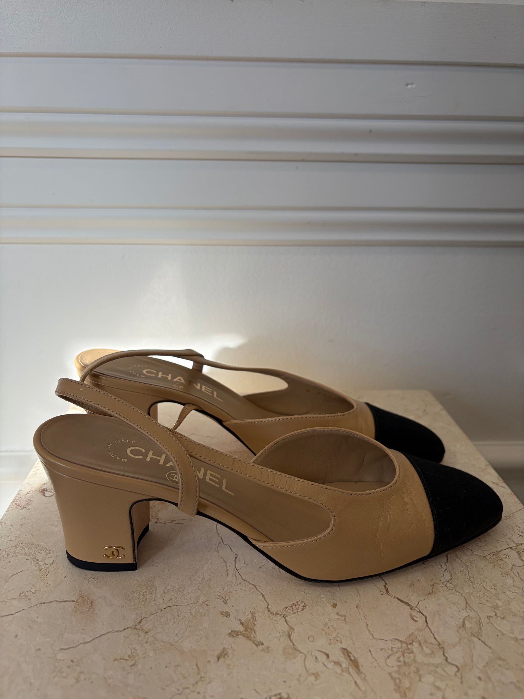Chanel Black And Beige Sling Back Pumps, 37 C