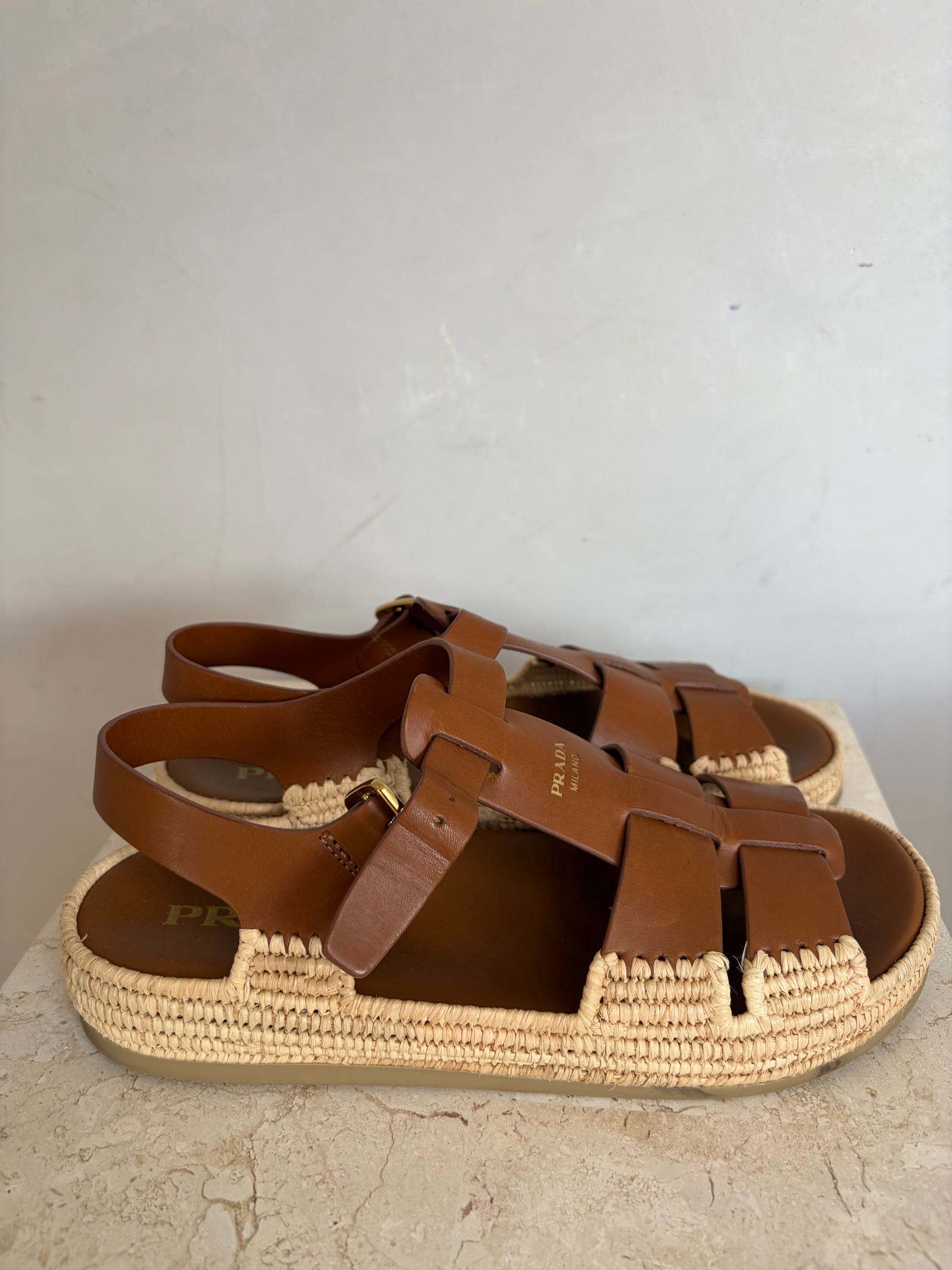 Prada Leather And Raffia Sandals Tan, 38
