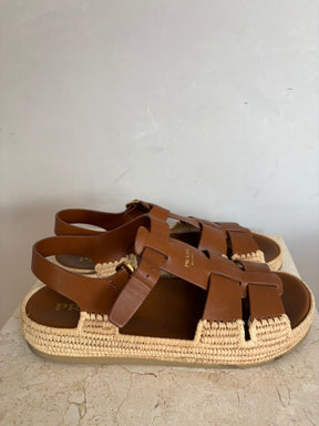 Prada Leather And Raffia Sandals Tan, 38