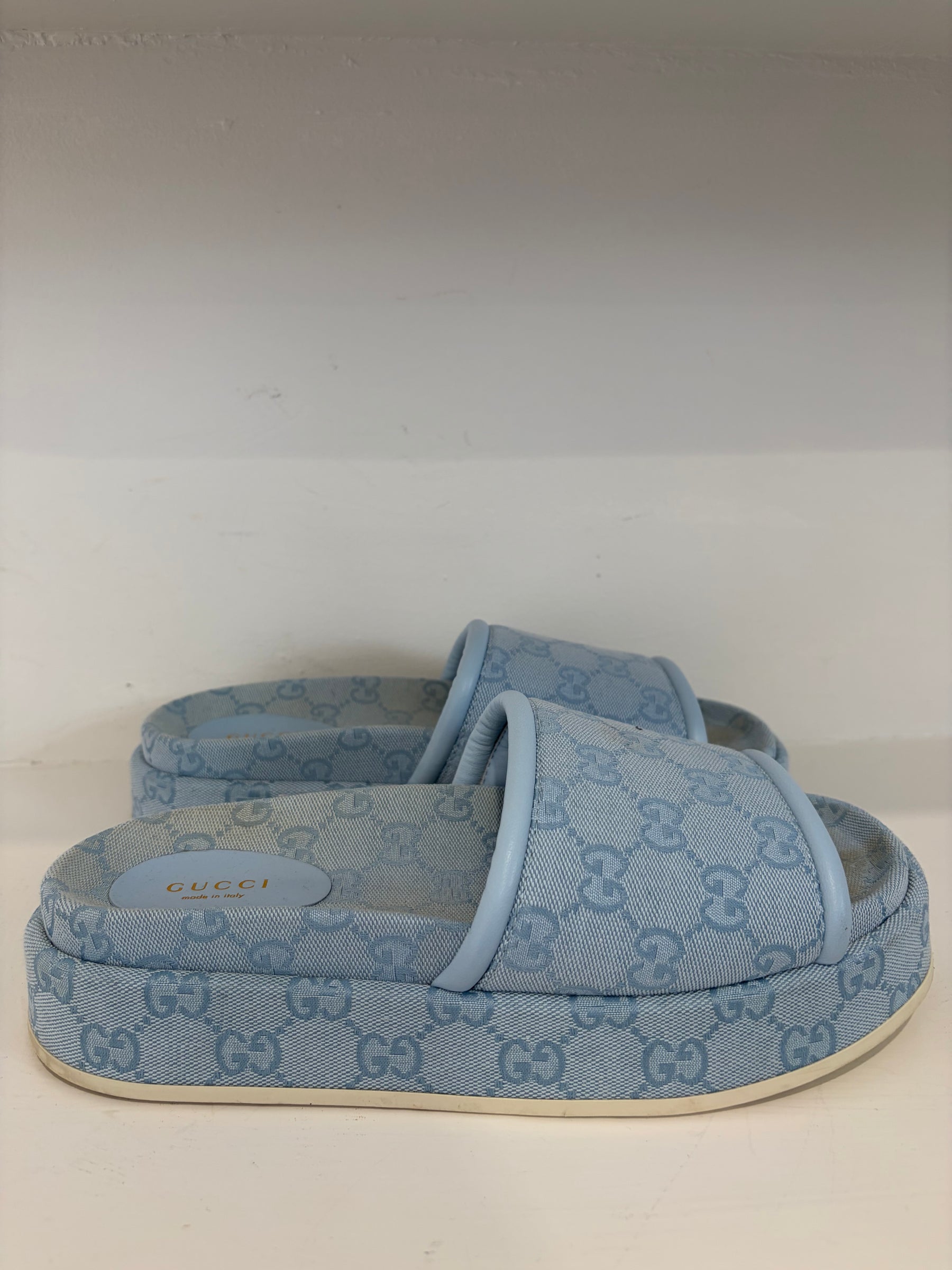 Gucci Blue Canvas Monogram Platform Slides, 39