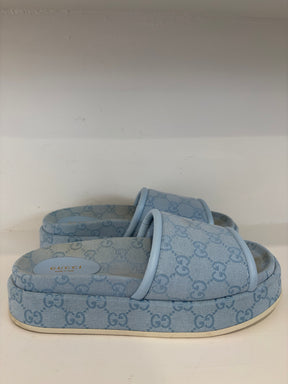 Gucci Blue Canvas Monogram Platform Slides, 39