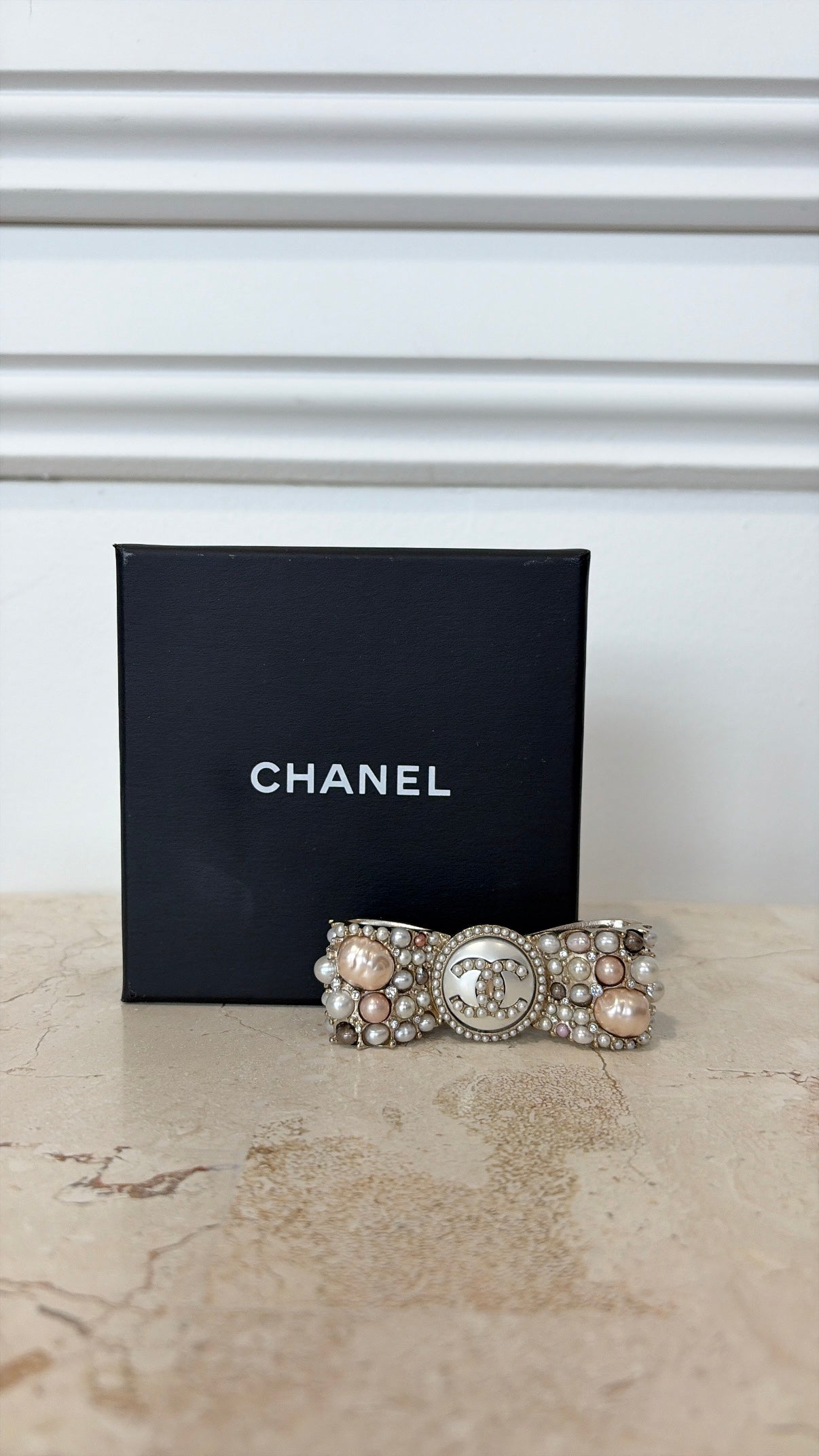 Chanel Gold Tone Pearl Encrusted Bow Brooch