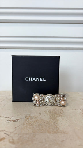 Chanel Gold Tone Pearl Encrusted Bow Brooch