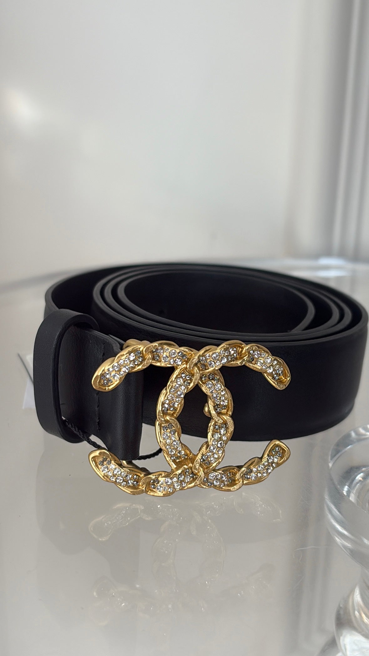 Chanel Black Leather Gold Crystal Logo Belt, 85