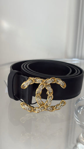 Chanel Black Leather Gold Crystal Logo Belt, 85