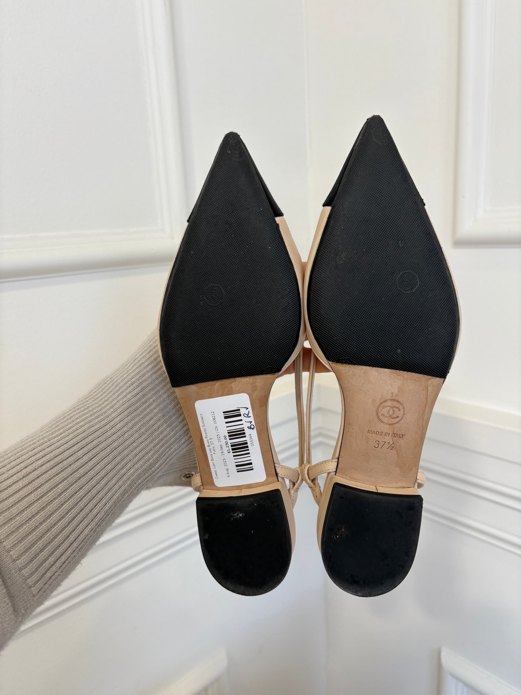 Chanel Light Beige and Black Pointed Slingback Flats, 37.5