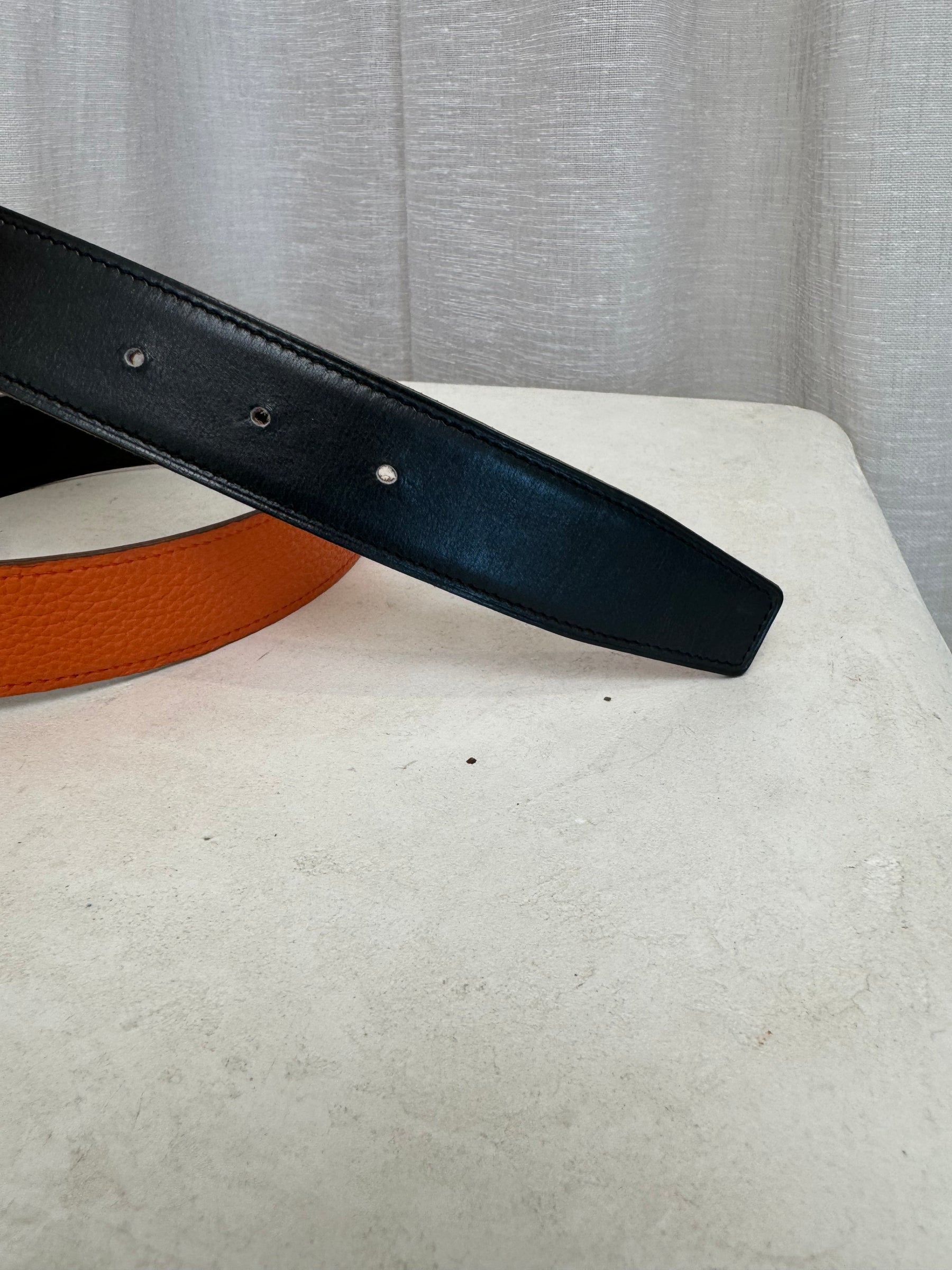 Hermès Black and Orange Leather Reversible H Buckle Belt in Silver, 90cm