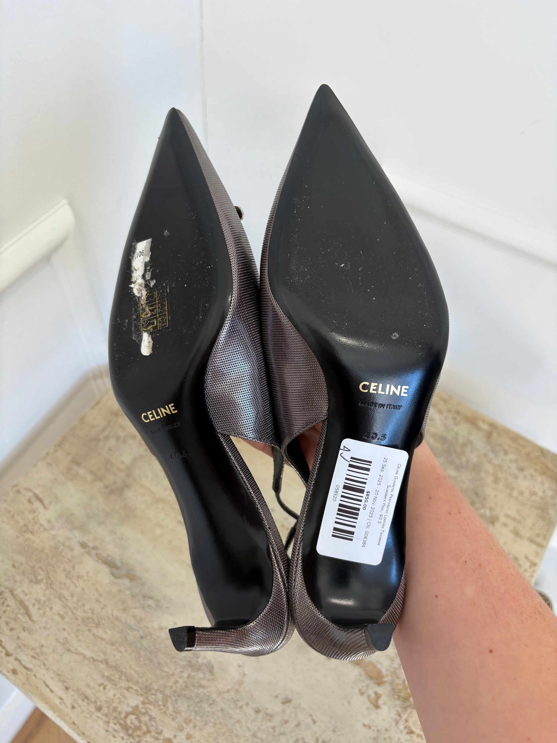 Celine Gunmetal Perforated Leather Triomphe Slingback Heel, 40.5