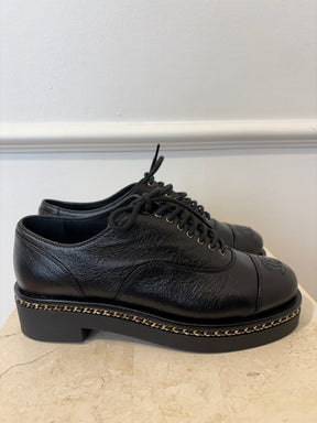 Chanel Black Leather Chain Detail Lace Up Shoe, 37 C