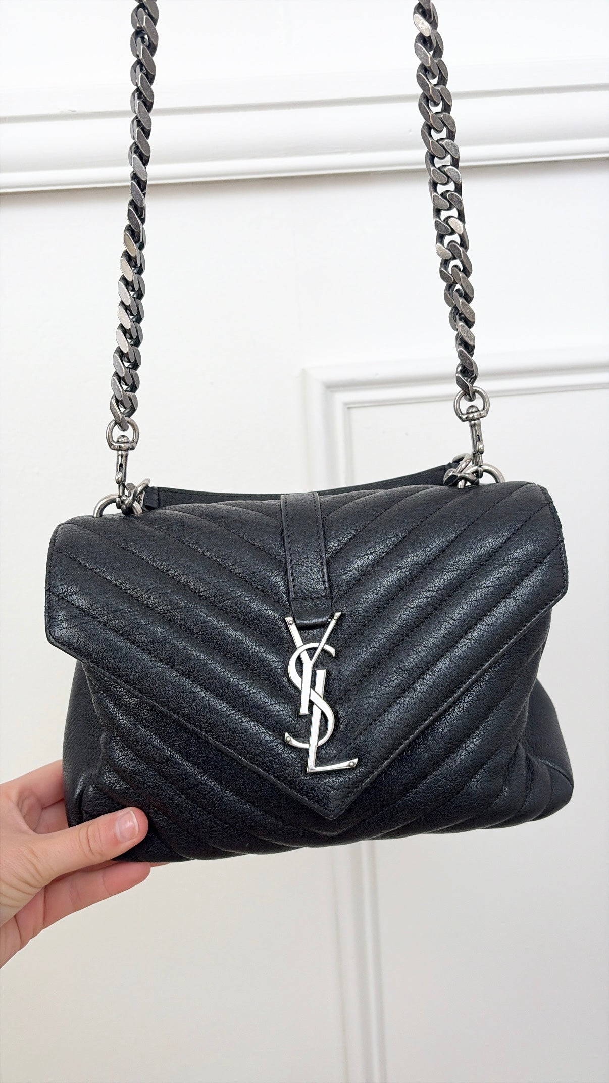 Saint Laurent Black Chevron Leather College Shoulder Bag