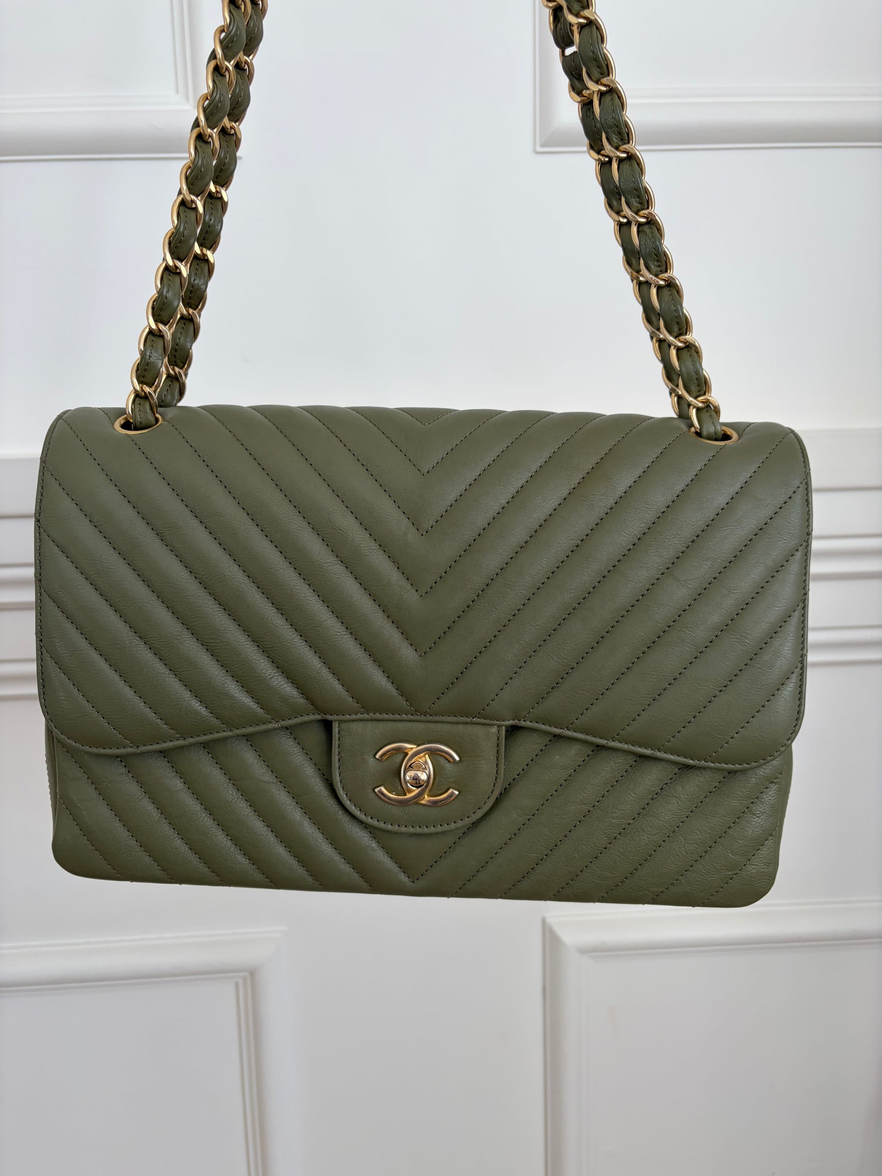 Chanel Khaki Chevron Quilted Leather Jumbo Double Flap