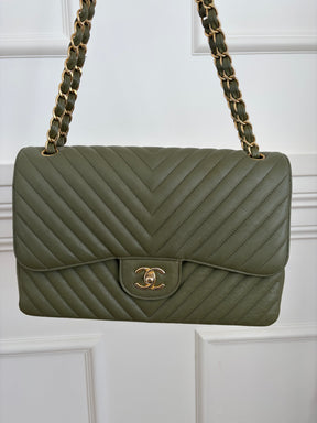 Chanel Khaki Chevron Quilted Leather Jumbo Double Flap