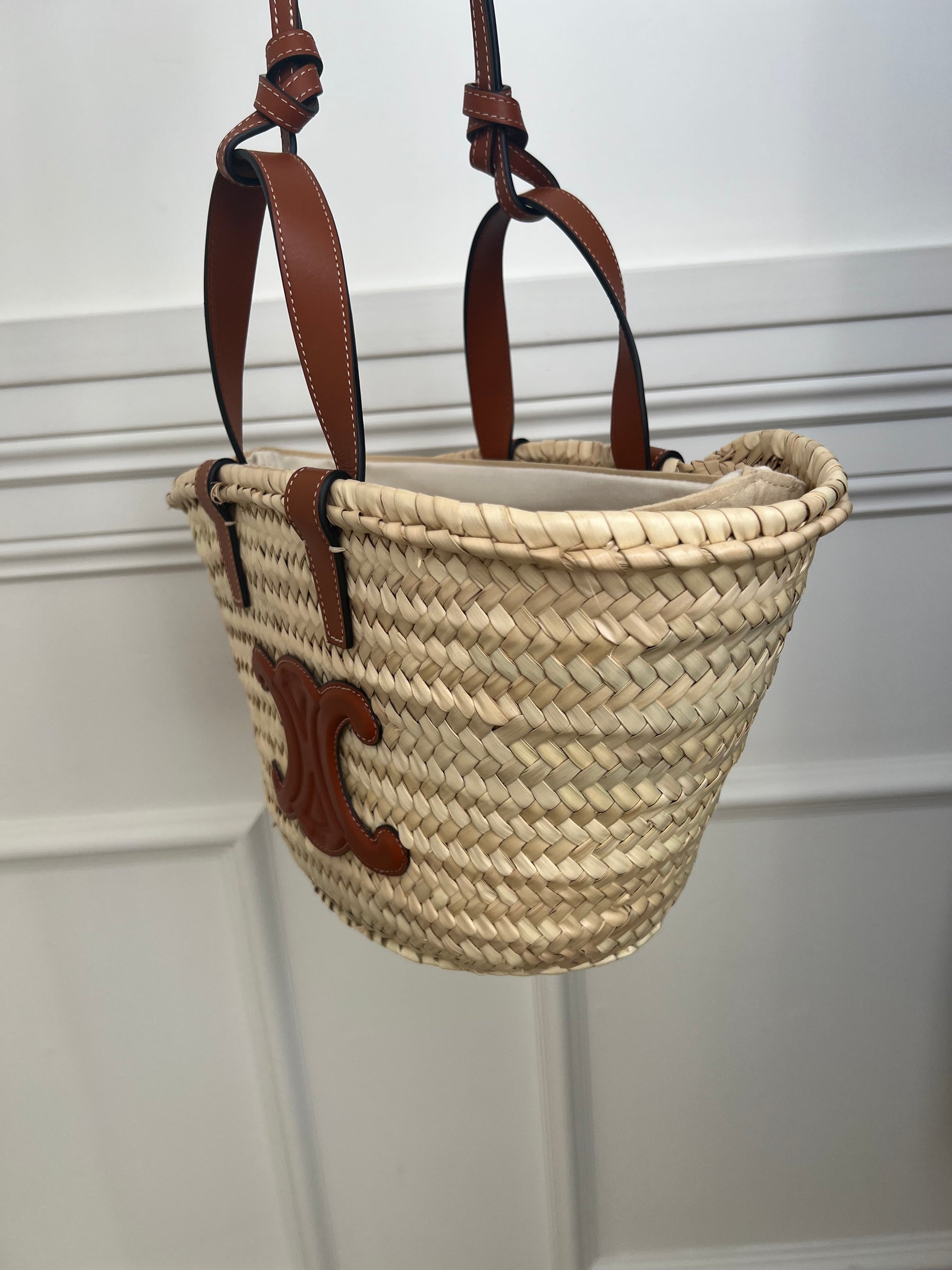 Céline Raffia and Leather Triomphe Basket Bag with Strap