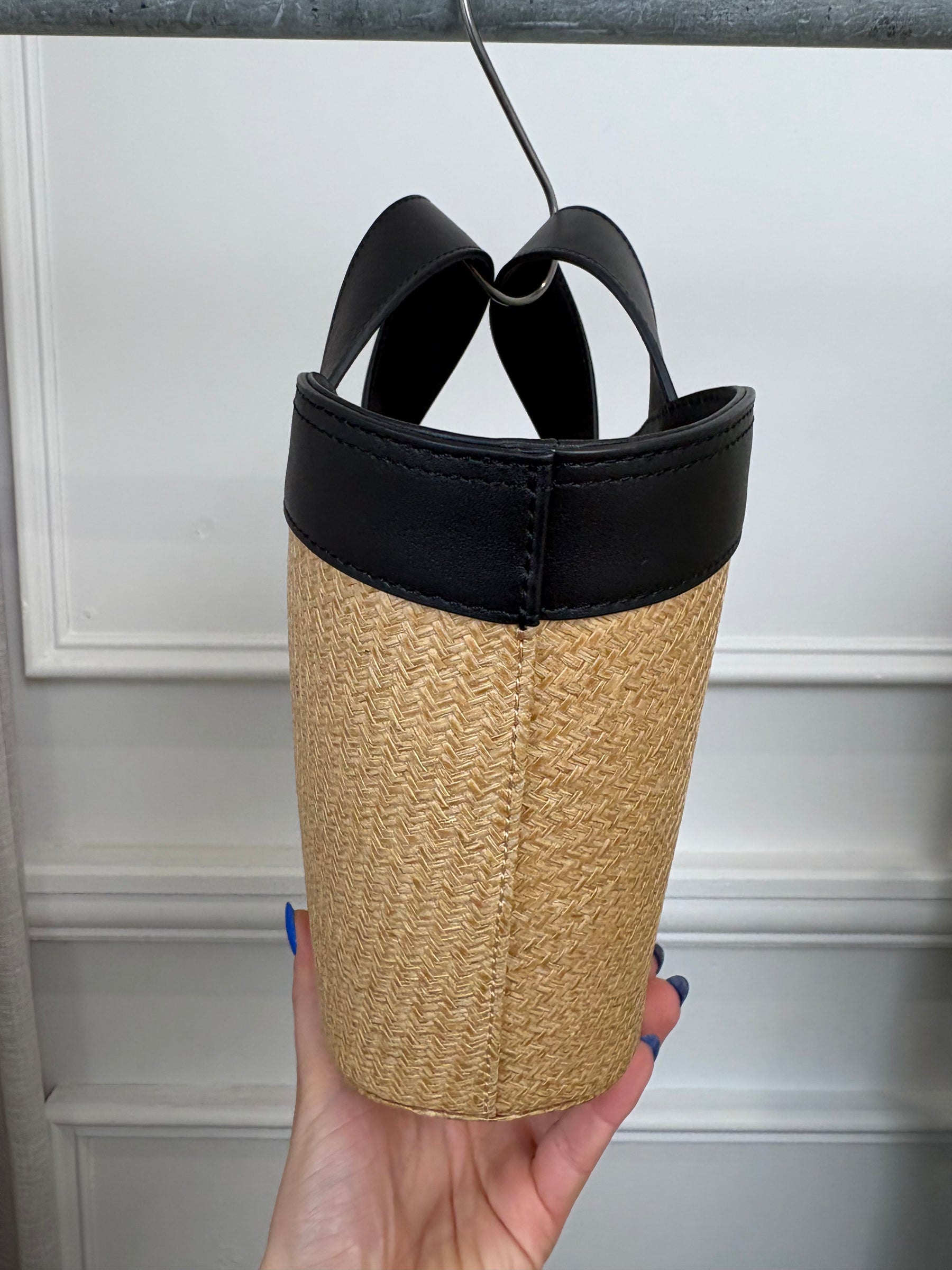 Scanlan Theodore Black Leather and Raffia Mini Trapeze Bag