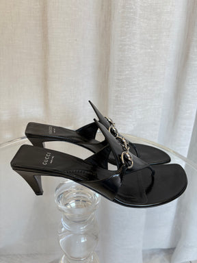 Gucci Black Leather Horsebit Thong Heeled Sandals, 39.5