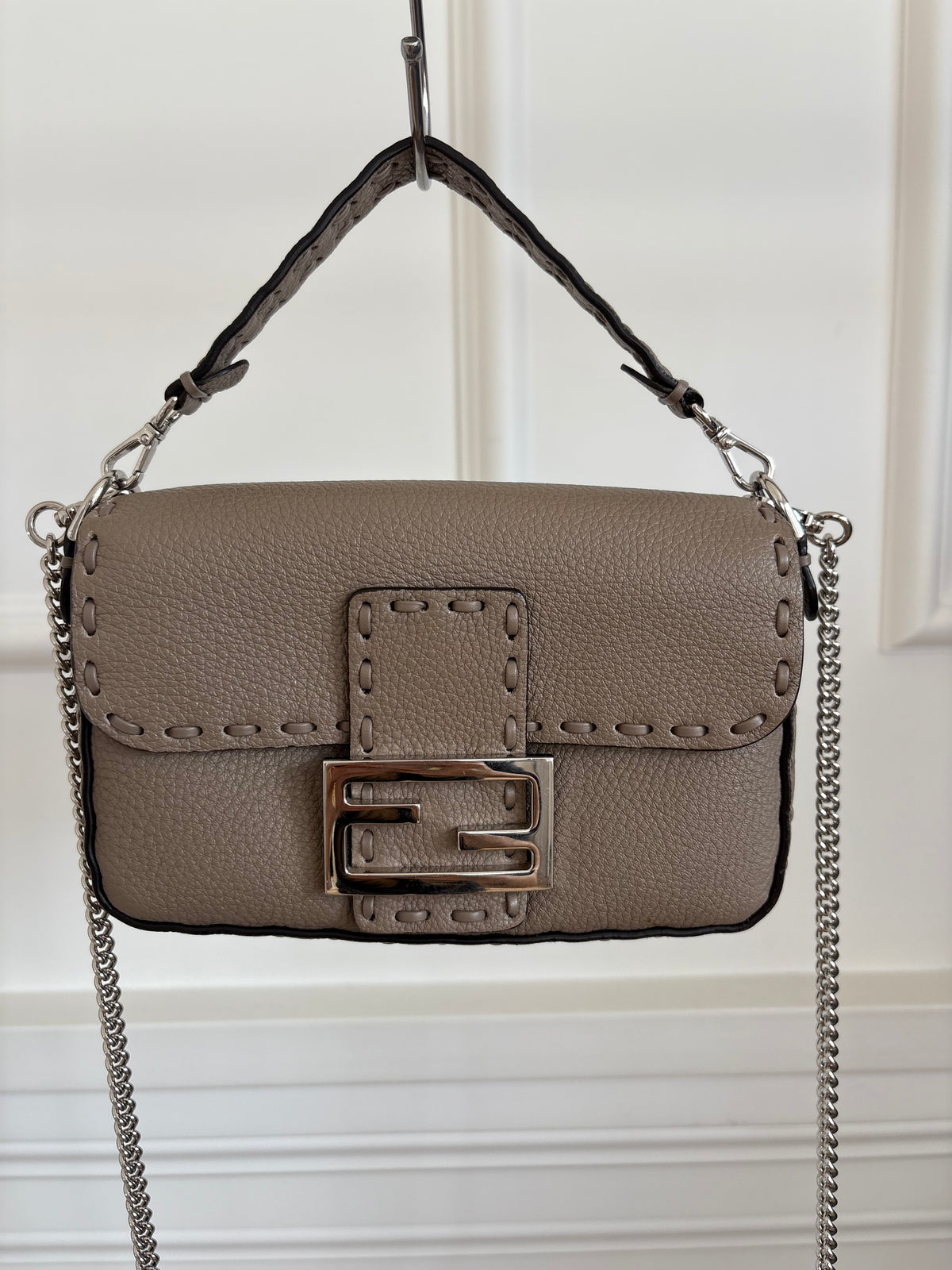 Fendi Dove Grey Calf Leather Baguette Bag