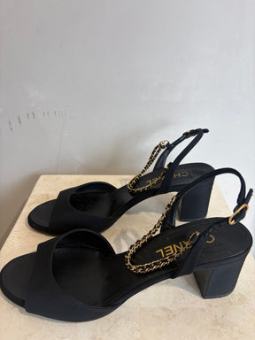Chanel Black Grosgrain Peep-toe Chain Slingback Heels, 39C