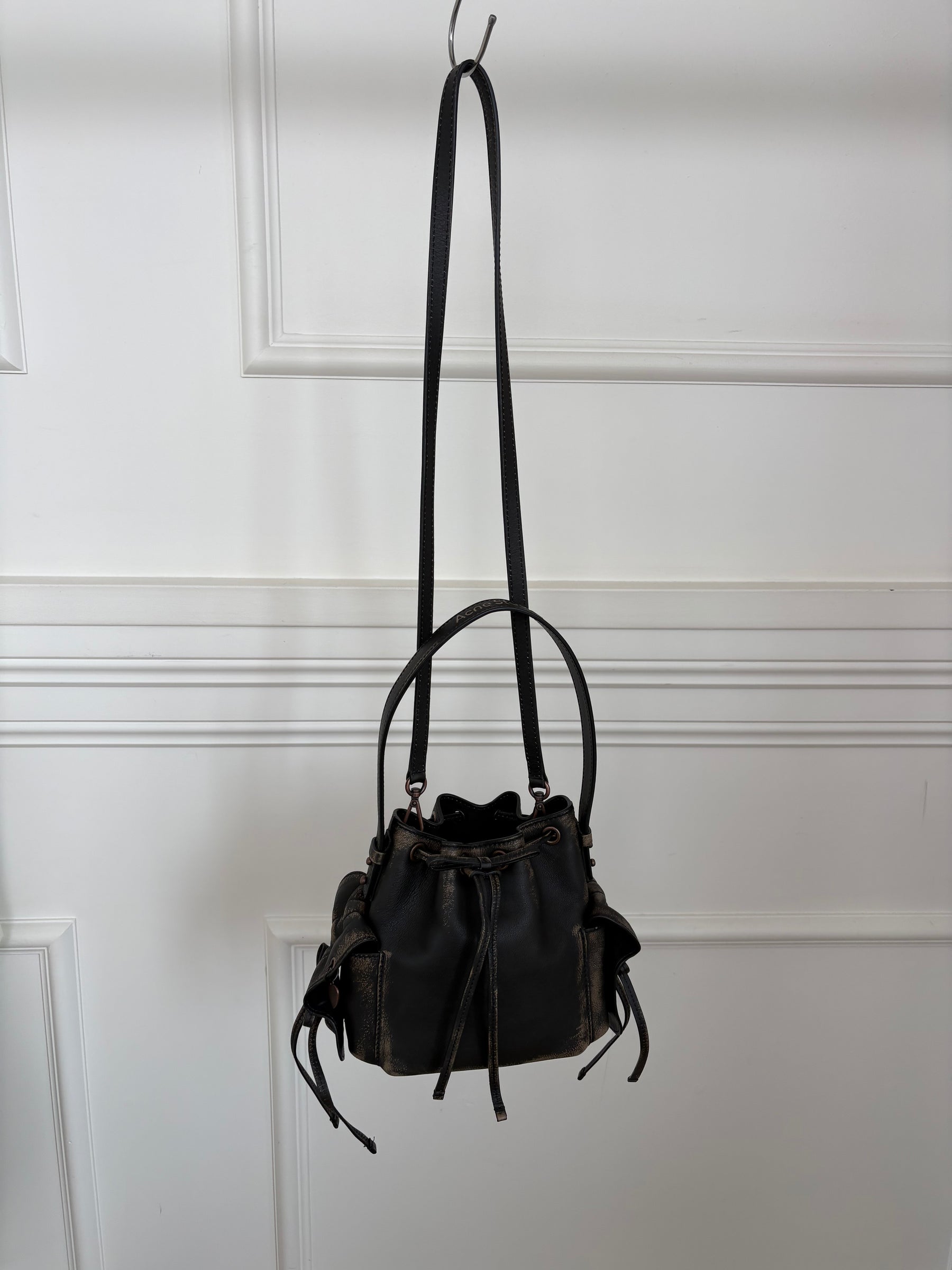 Acne Studios Brown Distressed Leather Multi Pocket Mini Bucket Bag