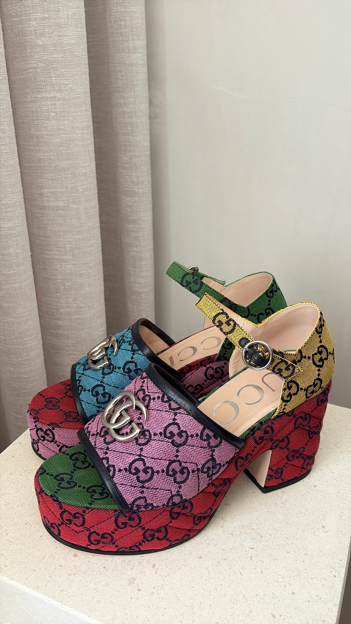 Gucci Multi Monogram Canvas Platfrom Marmont Sandals, 37