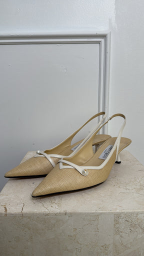 Jimmy Choo Raffia and White Leather Pointed Slingbacks, 41