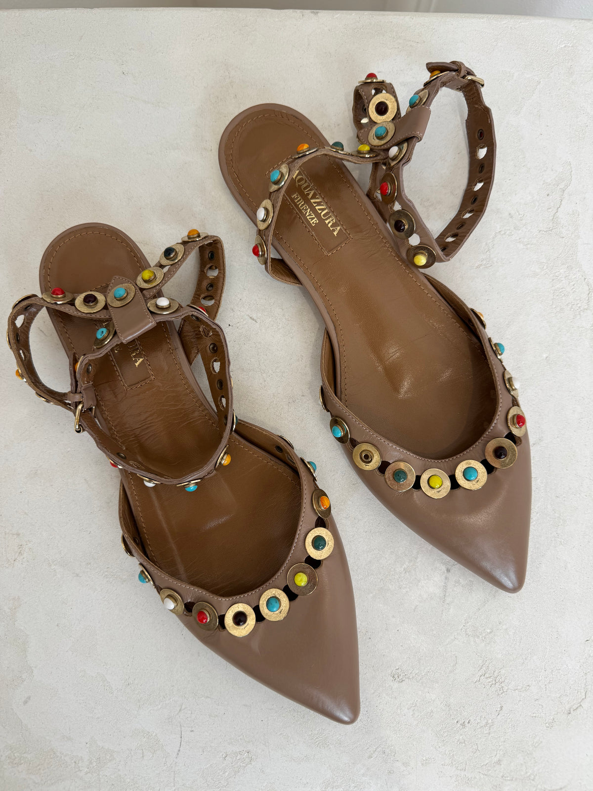 Aquazzura Beige Leather Multi Colour Studded Ankle Wrap Flats, 36
