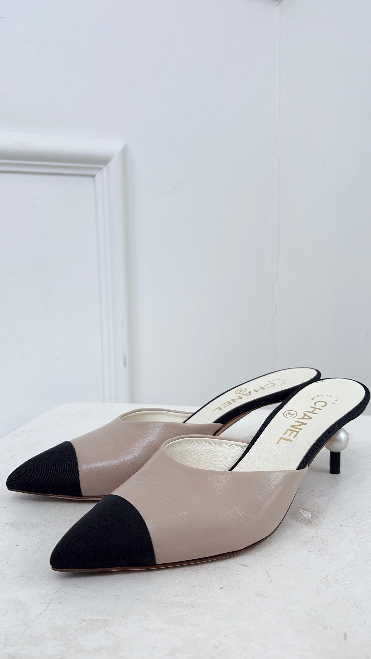 Chanel Beige and Black Pointed Pearl Detail Heel, 37.5
