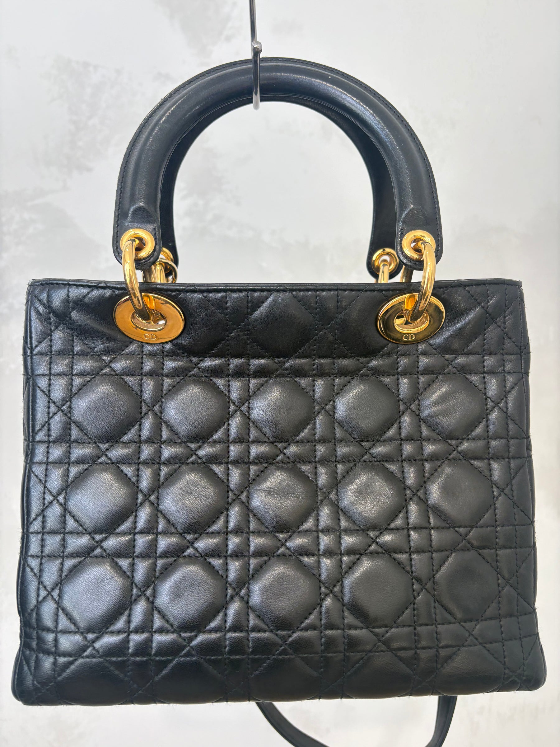 Dior Black Cannage Leather Medium Lady Dior With Gold Hardware