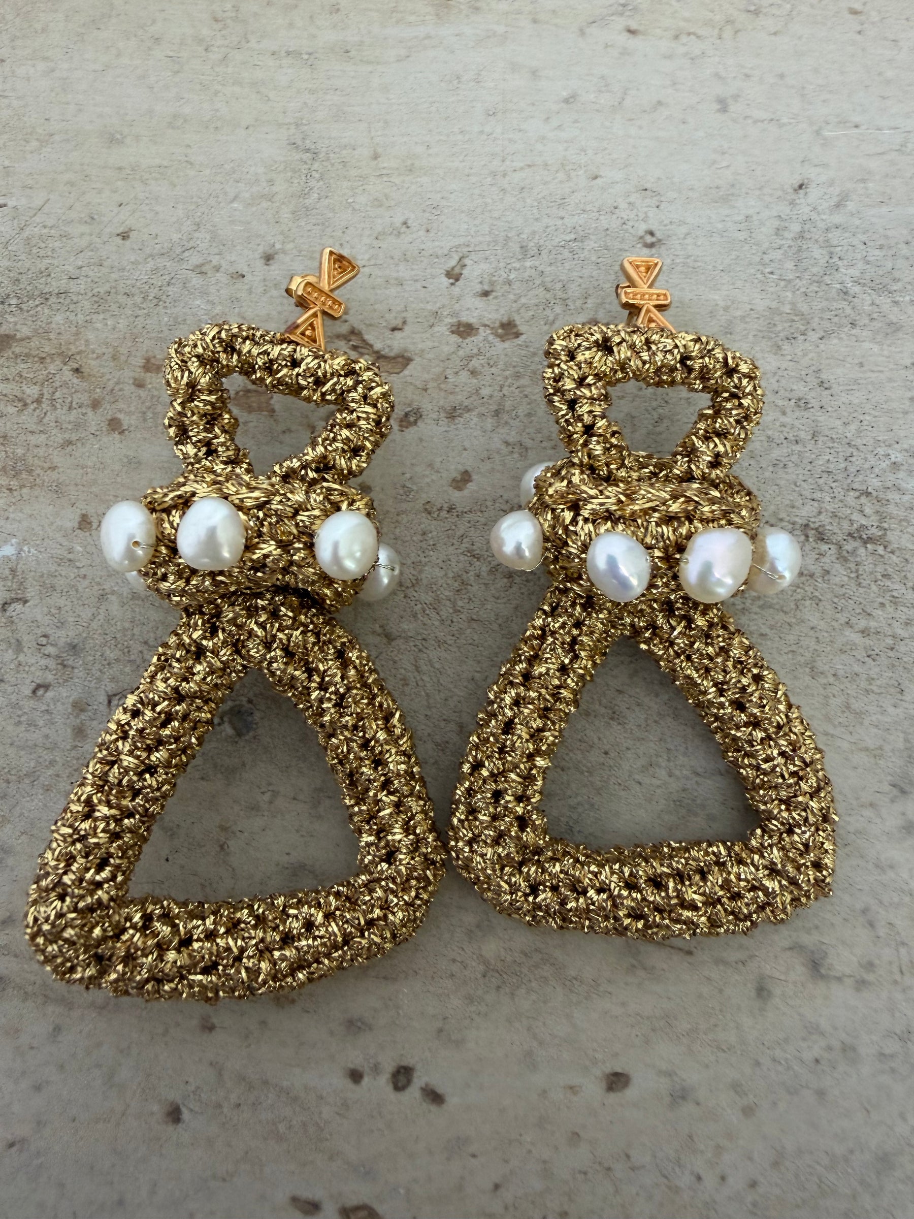 Lucy Folk Gold Metallic Crochet Triangle Drop Earrings