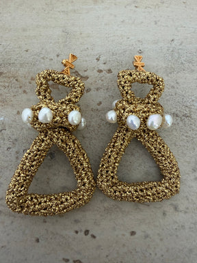 Lucy Folk Gold Metallic Crochet Triangle Drop Earrings