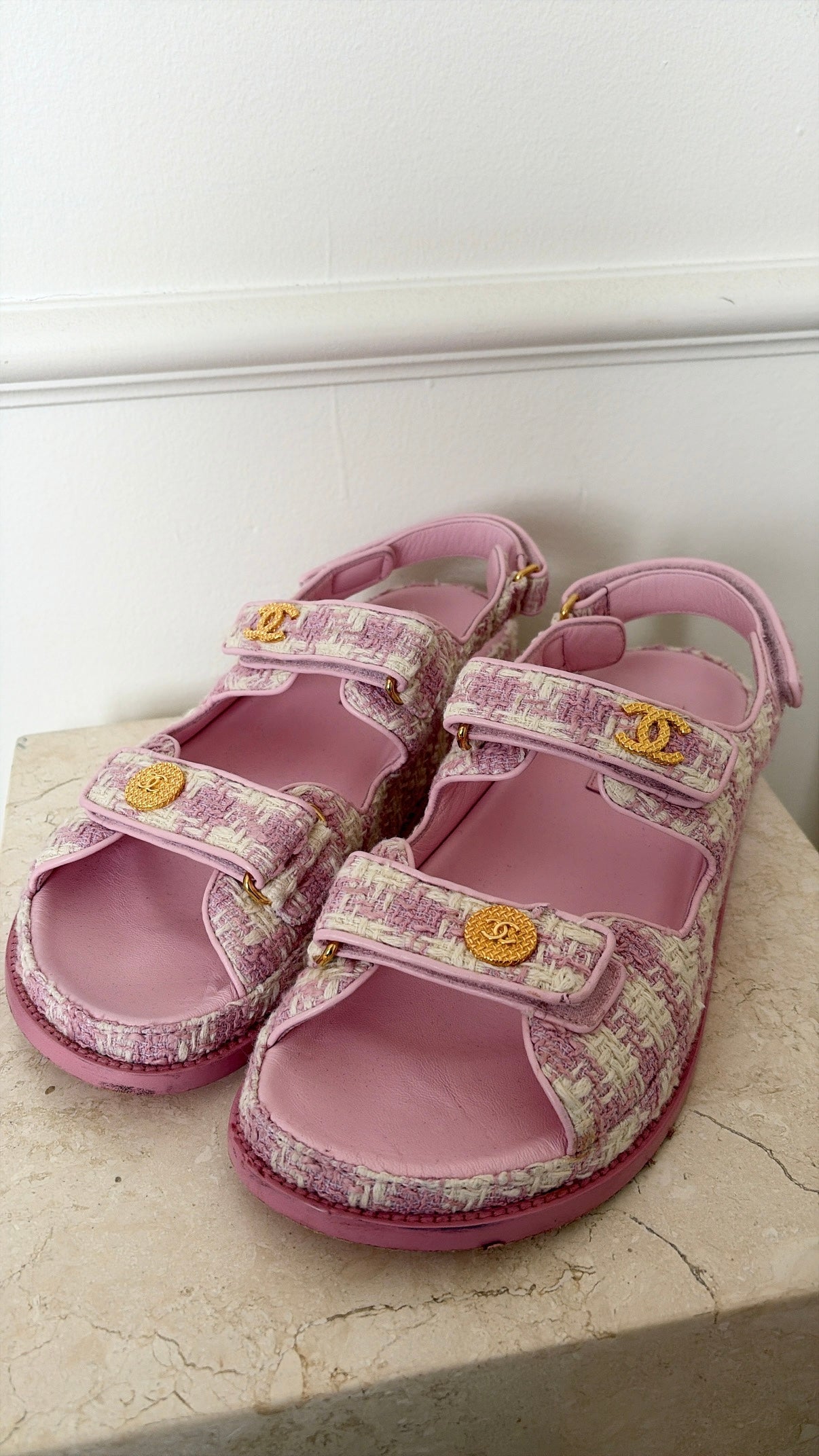 Chanel Pink And White Tweed Dad Sandals, 41 C
