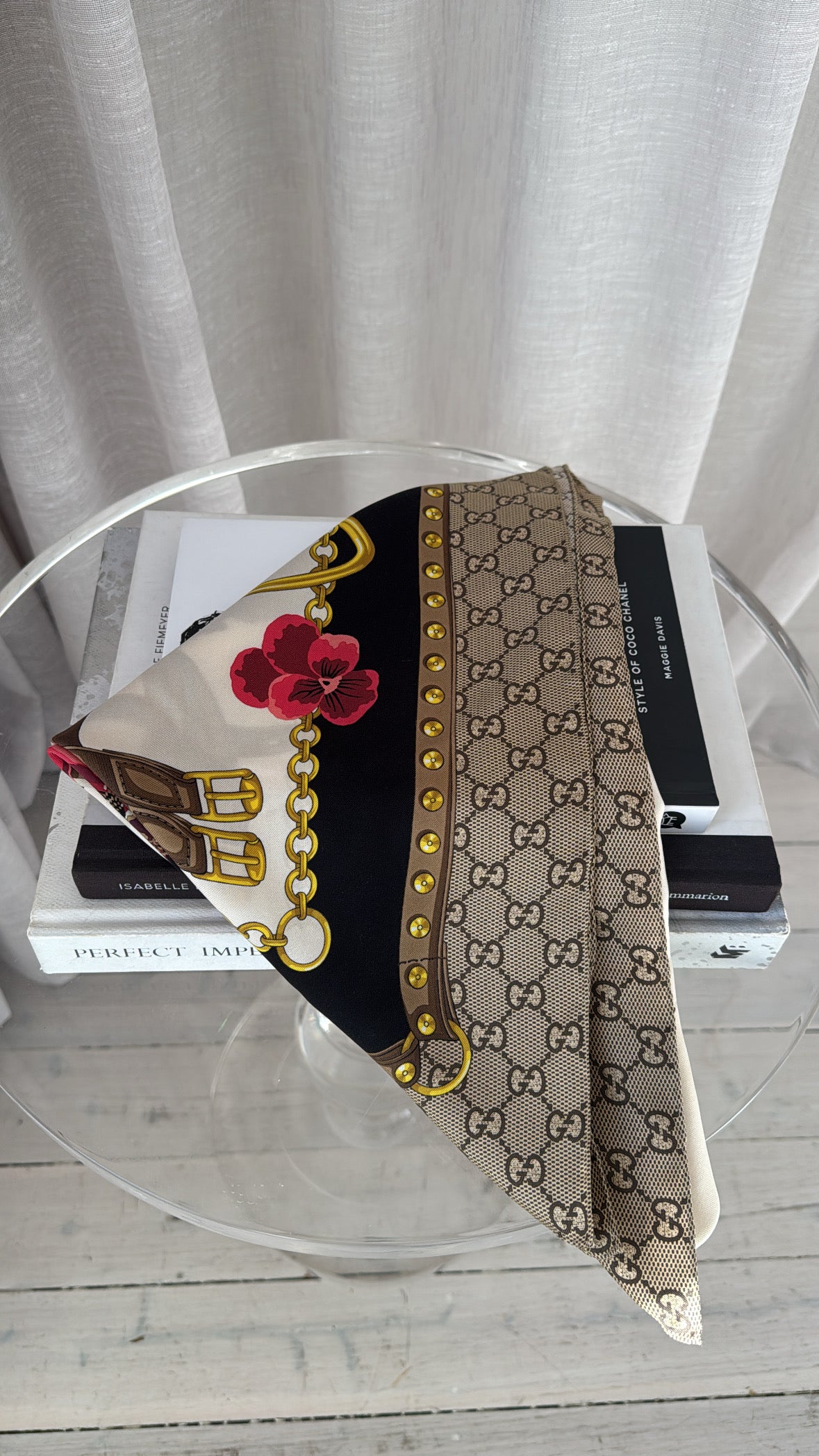 Gucci Cream, Pink Monogoram Floral Silk Scarf